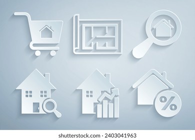 Set Rising cost of housing, Search house, House with percant, plan and Shopping cart icon. Vector