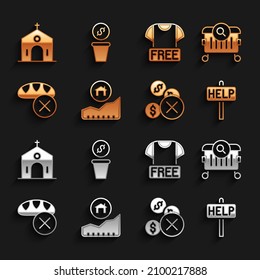 Set Rising cost of housing, Searching for food, Ask help text, No money, Donation, Clothes donation, Church building and  icon. Vector