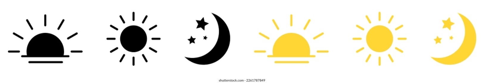 Set of rising or setting sun, crescent moon and stars. Vector illustration