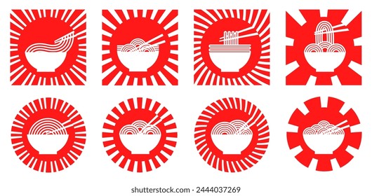 Establecer el icono de ramen del sol naciente. Ilustración vectorial de diseño de logotipo de fideos japoneses