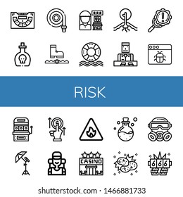 Set of risk icons such as Baccarat, Poison, Fire hose, Trap, Review, Life saver, Drought, Croupier, Error, Malware, Slot machine, Reflector, Bet, Climber, Fire sign, Casino , risk