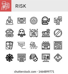 Set of risk icons such as Lifebuoy, Poison, Baccarat, Malware, Slot machine, Playing cards, Gas mask, Insurance, Forbidden, Dominoes, Security camera, Flood, Casino, Bingo , risk