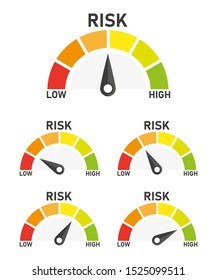 Set risk speedometer icon or sign of different colors with black arrow. Vector illustration.