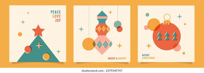 Set of Riso Merry Christmas greeting cards with abstract geometric shapes - xmas tree, balls and toys. Flat Vector illustration with templates of modern minimalist New Year flyers in risograph style.