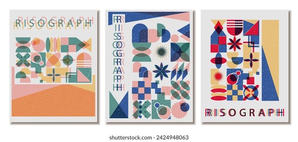 Conjunto de póster de risografo con formas geométricas de colores