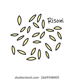 Set mit Risoni-Pasta auf weißem Hintergrund, Illustration im Doodle-Stil, italienische Küche