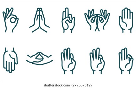 Set of ritualistic and symbolic hand gesture line icons with meditation spirituality mindfulness collection isolated minimalist background intention language position tradition