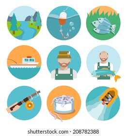 Set of river fisherman boat rod icons in flat style on circles vector illustration