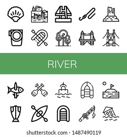 Set of river icons such as Ocean, Paddle, Floating market, Inflatable boat, Bridge, Park, Fishing rod, Tower bridge, Valley rocks, Fishing, Cod, Paddles, Kayak, Sea, Lake , river