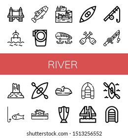 Set of river icons such as Tower bridge, Sea, Trout, Paddle, Floating market, Fishing baits, Kayak, Paddles, Fishing rod, Valley rocks, Fishing, Flood, Motorboat, Cod , river