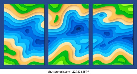 Set of river landscape, paper cut topography relief imitation multi layers banners. Aerial view of abstract natural landscape texture with flowing river art design vector illustration