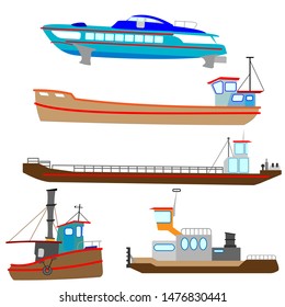 Set of river ships, cargo barges, tugboats and hydrofoil ship