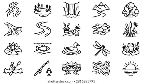 Set of river and wetland nature line icons with lily pad landscape wildlife