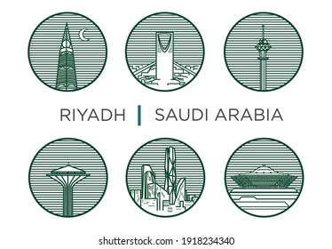 Set of Riyadh landmarks in outline style inside a circular frame. Editable Clip Art.
