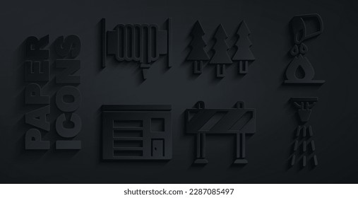 Establecer la barrera de la carretera, el fuego de extinción de cubos, el edificio de la estación, el rociador de incendios, el bosque y el icono del carrete de mangueras. Vector