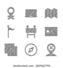 Straßen-Barriere, Kompass, Position, Infografik der Stadtplan-Navigation, Falten, Marker und Symbol festlegen. Vektorgrafik
