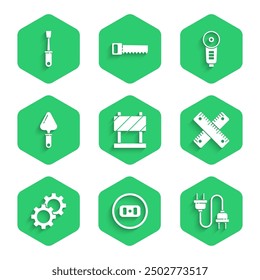 Set Road barrier, Electrical outlet, plug, Crossed ruler, Gear, Trowel, Angle grinder and Screwdriver icon. Vector