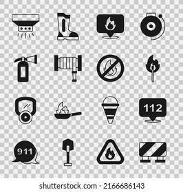 Set Road barrier, Emergency call, Burning match with fire, Location flame, Fire hose reel, extinguisher, sprinkler system and No icon. Vector