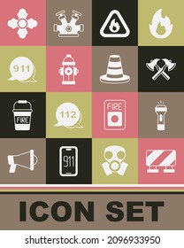 Set Road barrier, Flashlight, Firefighter axe, flame in triangle, hydrant, Emergency call 911,  and Traffic cone icon. Vector