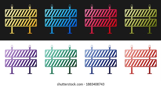 Set Road barrier icon isolated on black and white background. Restricted area which are in under construction processes. Fence of building or repair works sign. Vector.