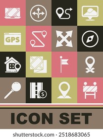 Set Road barrier, Location, Compass, Route location, Gps device with map, City navigation and traffic sign icon. Vector