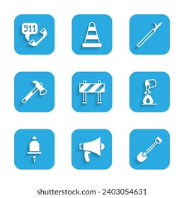 Set Road barrier, Megaphone, Fire shovel, Bucket extinguishing fire, Ringing alarm bell, Firefighter axe, Metal pike pole and Telephone call 911 icon. Vector