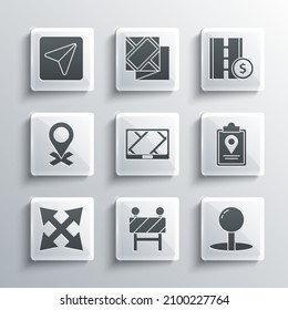Set Road barrier, Push pin, Folded map with location marker, Gps device, traffic sign, Location, Infographic of city navigation and Toll road icon. Vector