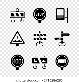 Setzen Sie Straßensperre, Stoppschild, Verkehr, Geschwindigkeitsbegrenzung, Fußgängerüberweg, Unebene Straße vor und Symbol. Vektorgrafik