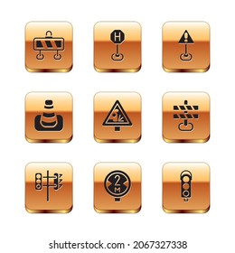 Establecer barrera de tráfico, semáforo, señal de tráfico, carretera de advertencia, cono, triángulo de signo de exclamación e icono del hospital. Vector