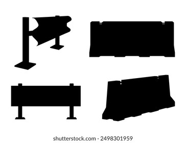 Set of road barriers for blocking road black icon silhouette, isolated on white background. Road barrier and street barriers set. Vector illustration.