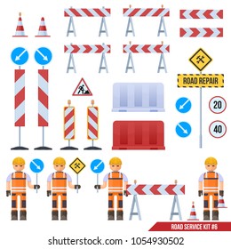 Set of road barriers, road signs, road warning signs, road worker, vector icons