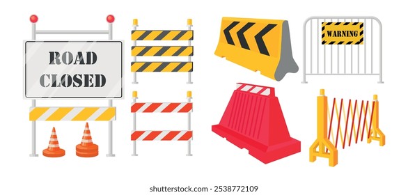 Conjunto de bloques de carreteras, barreras en estilo de dibujos animados. Ilustración vectorial de varios bloques de carreteras, cintas rayadas, conos de carretera, cerca de metal, barrera móvil para la restricción del tráfico aislado sobre fondo blanco.