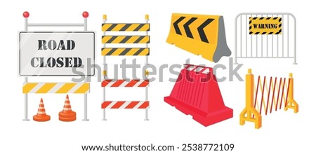 Set of road blocks, barriers in cartoon style. Vector illustration of various road blocks, striped tapes, road cones, metal fence, movable barrier for traffic restriction isolated on white background.