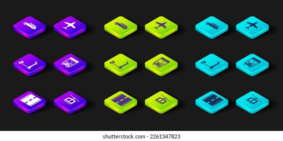 Set Road, Cable car, Scooter, Delivery cargo truck, Plane and Hatchback icon. Vector