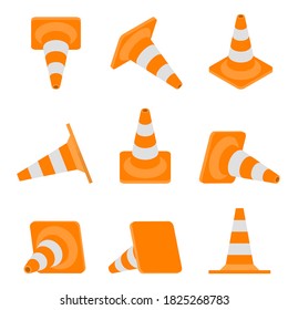 Set of road cones. Isometric, front, side views. Warning sign in flat style. Caution road under construction. Vector illustration.