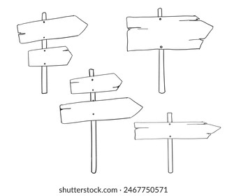 set of road direction sign hand drawn Doodle sketch style. Signboard from wood plank. Grunge vector illustration.