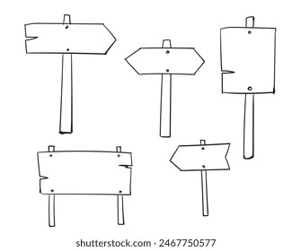 set of road direction sign hand drawn Doodle sketch style. Signboard from wood plank. Grunge vector illustration.