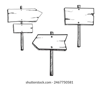 Conjunto de dirección de la carretera signo dibujado a mano Doodle estilo de boceto. Letrero de tablón de madera. Ilustración vectorial Grunge.