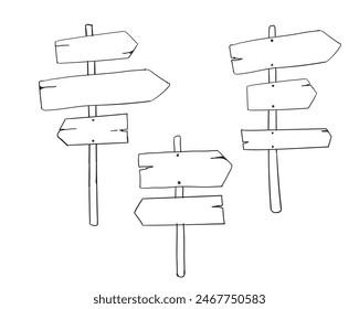 set of road direction sign hand drawn Doodle sketch style. Signboard from wood plank. Grunge vector illustration.