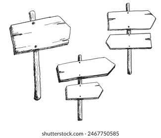 Satz von Straßenrichtungszeichen Handgezeichneter Doodle-Skizzenstil. Schild aus Holzbrett. Grunge-Vektorillustration.