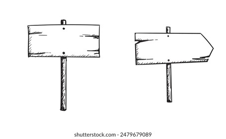 Satz von Straßenrichtungszeichen Handgezeichneter Doodle-Skizzenstil. Schild aus Holzbrett. Grunge-Vektorillustration.