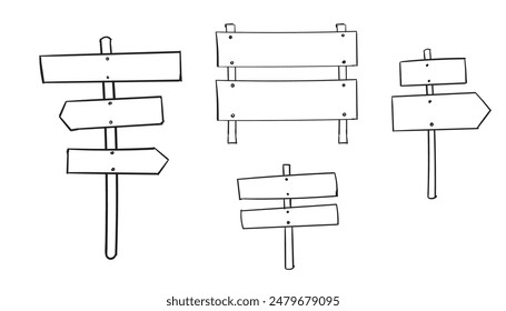 Conjunto de dirección de la carretera signo dibujado a mano Doodle estilo de boceto. Letrero de tablón de madera. Ilustración vectorial Grunge.