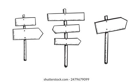set of road direction sign hand drawn Doodle sketch style. Signboard from wood plank. Grunge vector illustration.