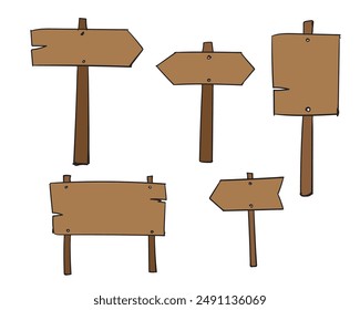 set of road direction sign hand drawn Doodle sketch vintage style. Signboard from wood plank brown color. Grunge vector illustration.