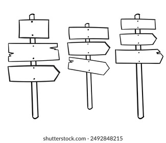 set of road direction sign hand drawn Doodle sketch style. Signboard from wood plank. Grunge vector illustration.