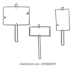 set of road direction sign hand drawn Doodle sketch style. Signboard from wood plank. Grunge vector illustration.