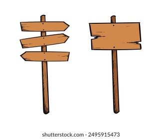 set of road direction sign hand drawn Doodle sketch vintage style. Signboard from wood plank brown color. Grunge vector illustration.