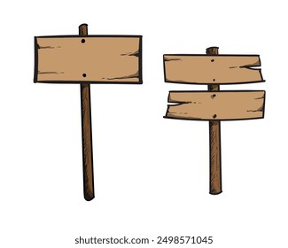 Conjunto de señalización de dirección de carretera dibujado a mano estilo vintage de boceto Doodle. Letrero de tablón de madera color marrón. Ilustración vectorial Grunge.