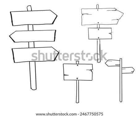 set of road direction sign hand drawn Doodle sketch style. Signboard from wood plank. Grunge vector illustration.