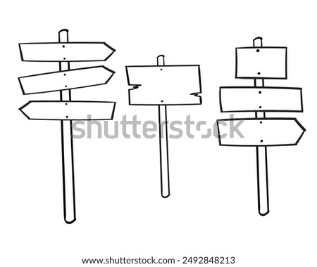 set of road direction sign hand drawn Doodle sketch style. Signboard from wood plank. Grunge vector illustration.